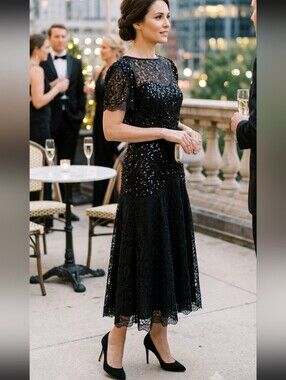 Vtg 80's Elegant Black Lace Sequin Drop Waist Midi Evening Cocktail Dress 11/12